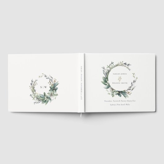 Rustieke Waterverf Groen gebladerte krans bruiloft Gastenboek (Volledig)