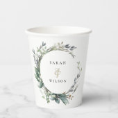 Rustieke Waterverf Groen gebladerte krans bruiloft Papieren Bekers (Voorkant)