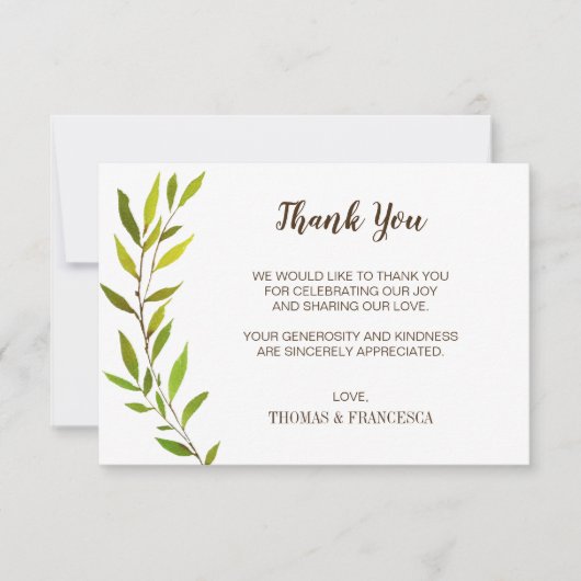 Rustieke Waterverf Groene Trouw Dankkaart Kaart (Voorkant)