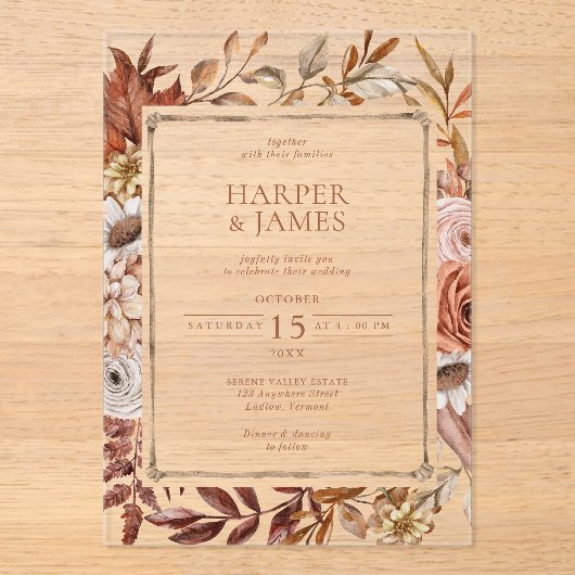 Rustieke Waterverf Herfst Bloemen Lijst Bruiloft Acryl Uitnodigingen (Voorkant)
