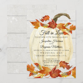 Rustieke waterverf herfstbladeren pompoen wit hout kaart