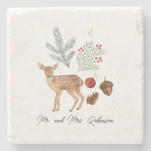 Rustieke Waterverf Herten en Botanicals Kerst Stenen Onderzetter