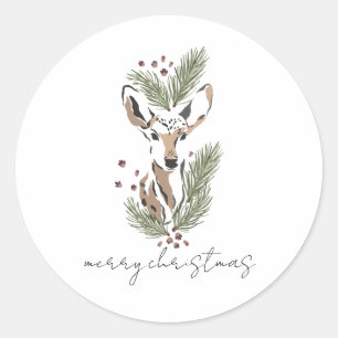 Rustieke Waterverf Herten Vrolijk Kerstfeest Ronde Sticker