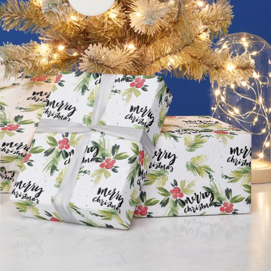 Rustieke Waterverf Holly Pattern Vrolijk Kerstfees Cadeaupapier (Feestdagen)