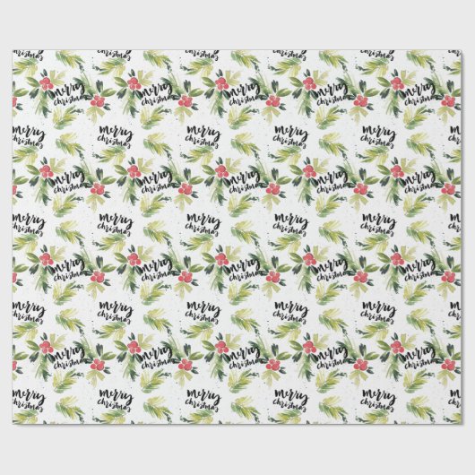 Rustieke Waterverf Holly Pattern Vrolijk Kerstfees Cadeaupapier (Vlak)