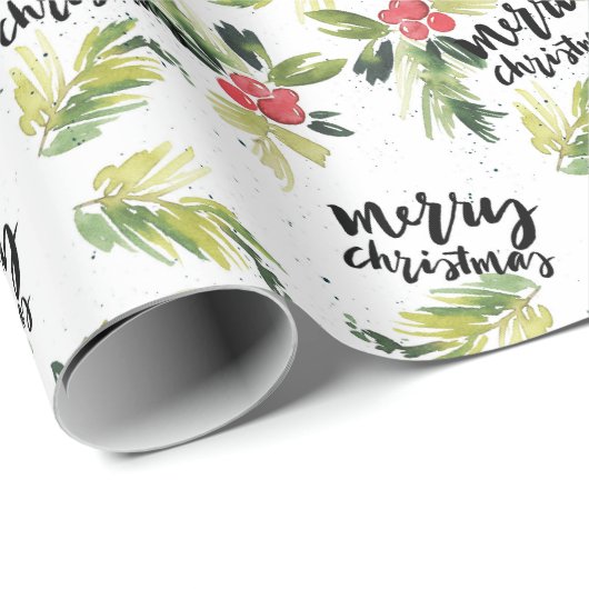 Rustieke Waterverf Holly Pattern Vrolijk Kerstfees Cadeaupapier (Rol Hoek)