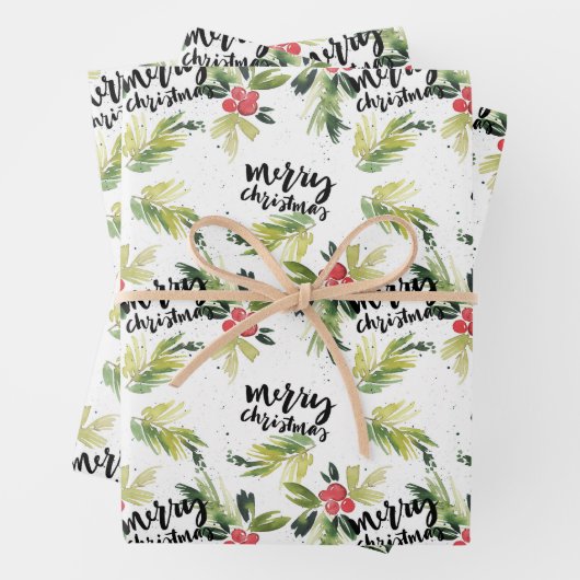 Rustieke Waterverf Holly Pattern Vrolijk Kerstfees Inpakpapier Vel (In situ)