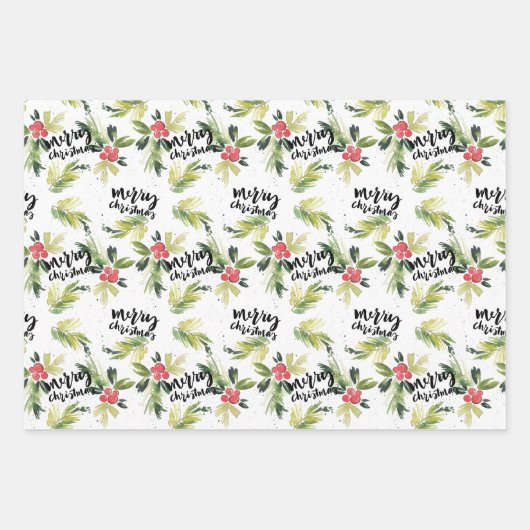 Rustieke Waterverf Holly Pattern Vrolijk Kerstfees Inpakpapier Vel (Voorkant)