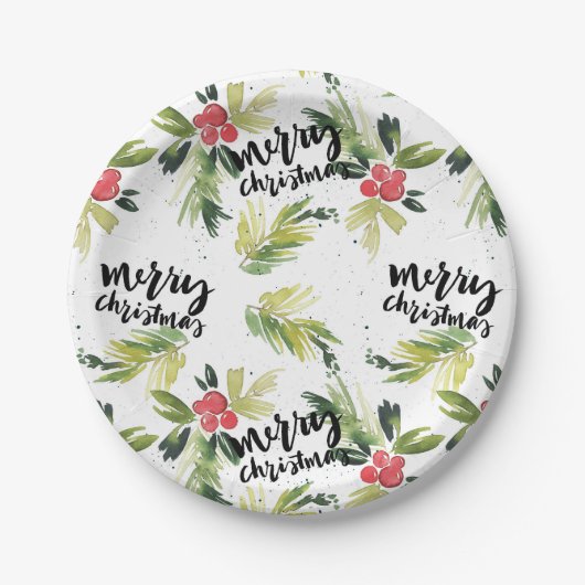 Rustieke Waterverf Holly Pattern Vrolijk Kerstfees Papieren Bordje (Voorkant)