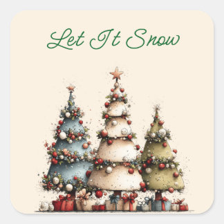 Rustieke Waterverf Kerstbomen Laat het Sneeuwen Vierkante Sticker