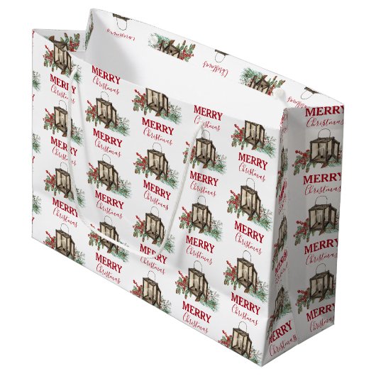 Rustieke Waterverf Kerstlantaarn Pijnboombessen Groot Cadeauzakje (Voorkant Gekanteld)