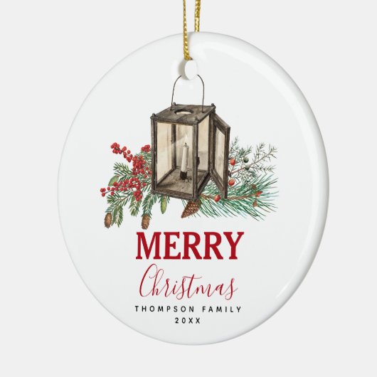 Rustieke Waterverf Kerstlantaarn Pijnboombessen Keramisch Ornament (Links)