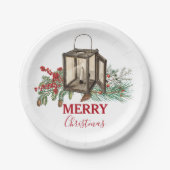 Rustieke Waterverf Kerstlantaarn Pijnboombessen Papieren Bordje (Voorkant)