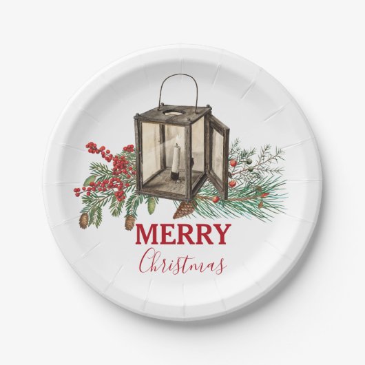 Rustieke Waterverf Kerstlantaarn Pijnboombessen Papieren Bordje (Voorkant)