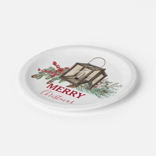 Rustieke Waterverf Kerstlantaarn Pijnboombessen Papieren Bordje (Gekanteld)