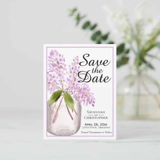 Rustieke Waterverf Lilacs Bruiloft Save the Date Uitnodiging Briefkaart (Staand voorkant)