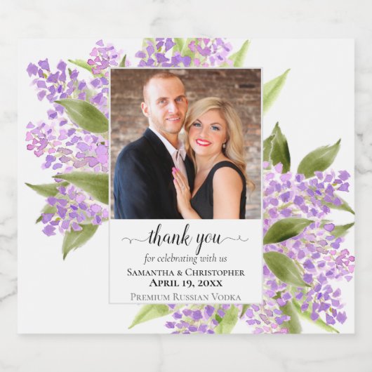 Rustieke Waterverf Lilacs Foto Bruiloft Dank u Likeurfles Etiket (Enkel label)