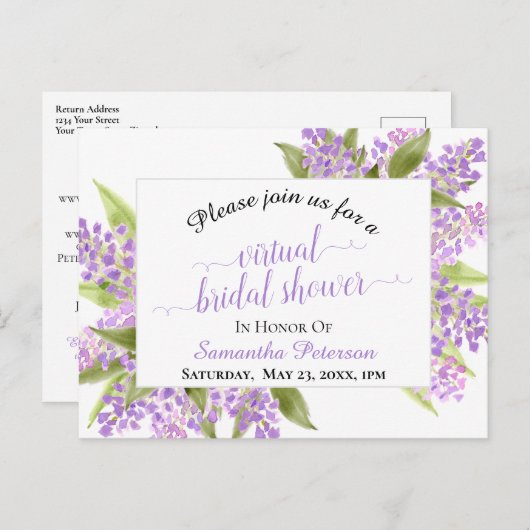 Rustieke Waterverf Lilacs Virtual Vrijgezellenfees Uitnodiging Briefkaart (Voorkant / Achterkant)