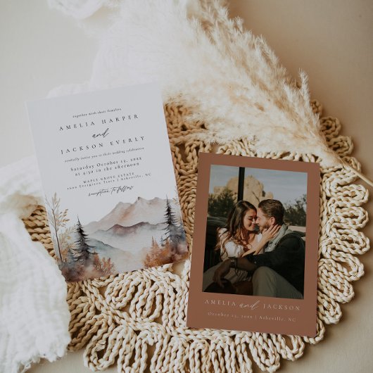 Rustieke Waterverf Mountain bruiloft uitnodiging