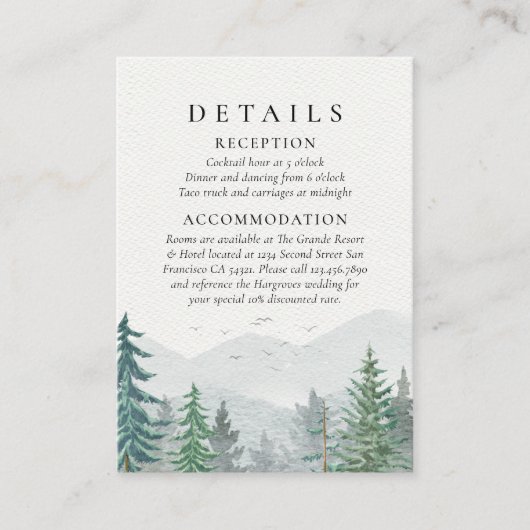 Rustieke Waterverf Mountain Green Pine Tree Bruilo Informatiekaartje (Voorkant)