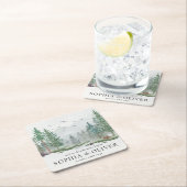 Rustieke Waterverf Mountain Green Pine Tree Bruilo Vierkante Kartonnen Onderzetter (Insitu)