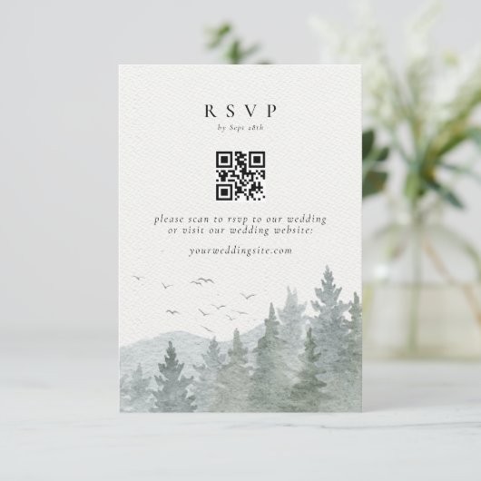 Rustieke Waterverf Mountain Tree Wedding QR-code RSVP Kaartje (Staand voorkant)