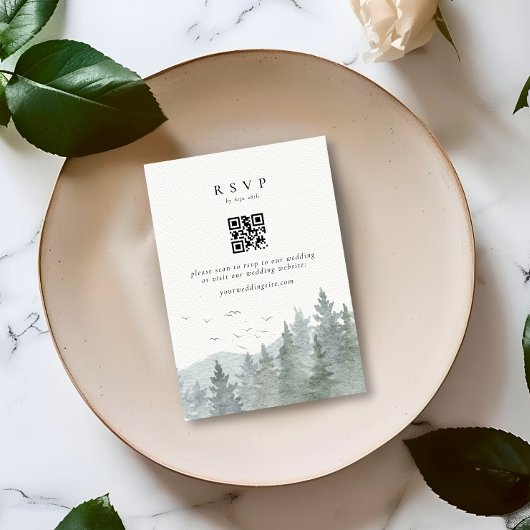 Rustieke Waterverf Mountain Tree Wedding QR-code RSVP Kaartje