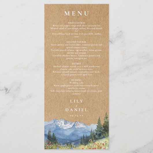 Rustieke Waterverf Mountain Wildflower Wedding Menu (Voorkant)