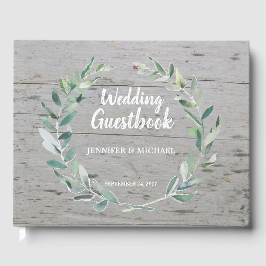 Rustieke Waterverf olijfbladeren hout Huwelijk Gastenboek (Voorkant)