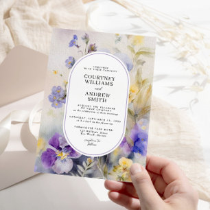 Rustieke Waterverf Paarse & Gele Bloemen Bruiloft Kaart