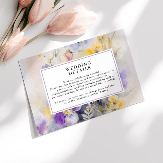 Rustieke Waterverf Paarse & gele bruiloft Details Informatiekaartje