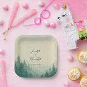 Rustieke waterverf pijnbomen bos bruiloft papieren bordje (Feest)