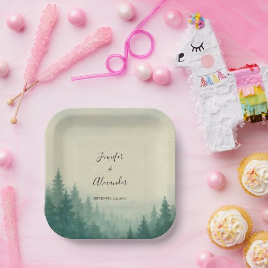 Rustieke waterverf pijnbomen bos bruiloft papieren bordje (Feest)