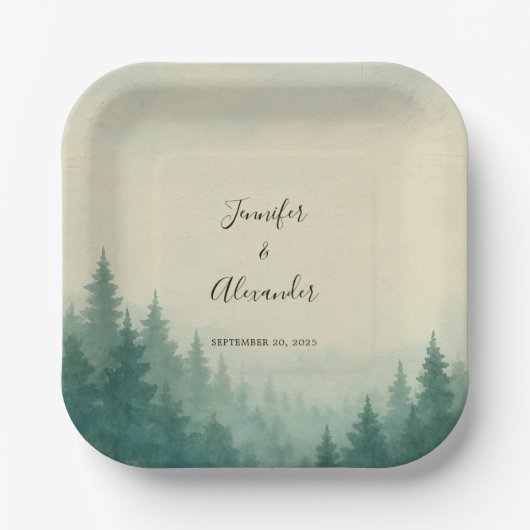 Rustieke waterverf pijnbomen bos bruiloft papieren bordje (Voorkant)