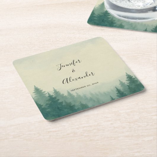 Rustieke waterverf pijnbomen bos bruiloft vierkante kartonnen onderzetter (Schuin)