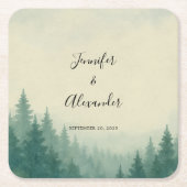 Rustieke waterverf pijnbomen bos bruiloft vierkante kartonnen onderzetter (Voorkant)