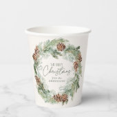 Rustieke Waterverf Pine Cone Krans Vrolijk Kerstfe Papieren Bekers (Voorkant)