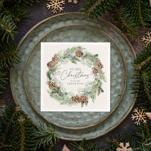 Rustieke Waterverf Pine Cone Krans Vrolijk Kerstfe Servet