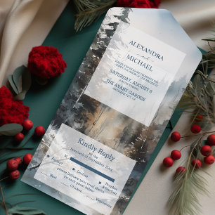 Rustieke Waterverf Pine Tree Bruiloft All In One Uitnodiging