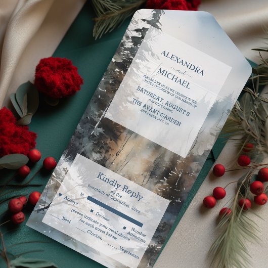 Rustieke Waterverf Pine Tree Bruiloft All In One Uitnodiging