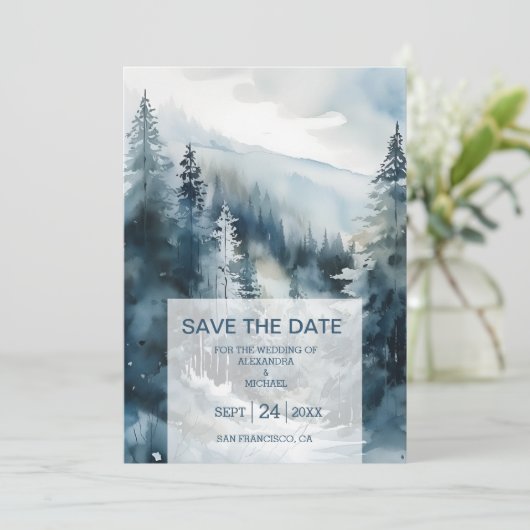 Rustieke Waterverf Pine Tree Bruiloft Save The Date (Staand voorkant)