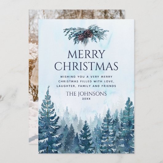 Rustieke Waterverf Pine Tree Forest Foto Kerstmis Feestdagenkaart (Voorkant / Achterkant)