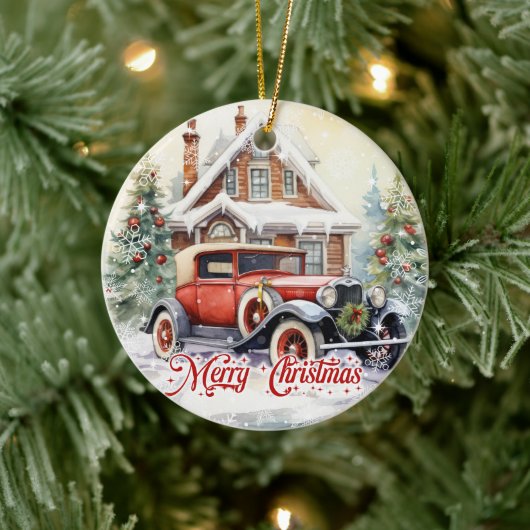 Rustieke waterverf retro auto en kerst huis keramisch ornament (Boom)