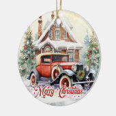 Rustieke waterverf retro auto en kerst huis keramisch ornament (Links)