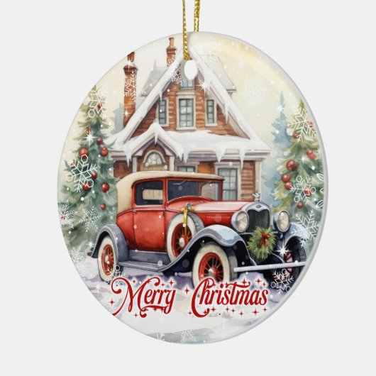 Rustieke waterverf retro auto en kerst huis keramisch ornament (Links)