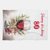 Rustieke Waterverf rode wijnglas 80e verjaardag Theedoek (Horizontaal)