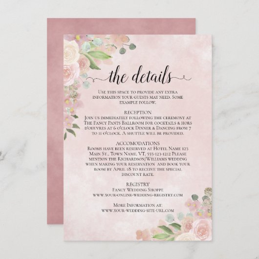 Rustieke Waterverf Roze Bloemen bruiloft Details Informatiekaartje (Voorkant / Achterkant)
