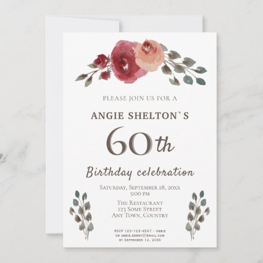 Rustieke Waterverf Rozen Bloemen 60ste Verjaardags Kaart (Voorkant)