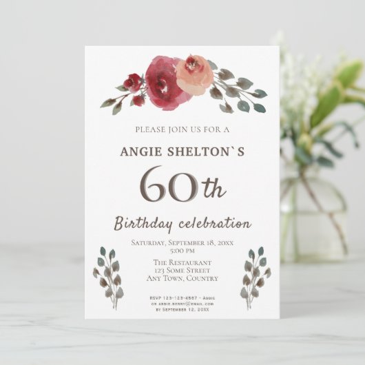 Rustieke Waterverf Rozen Bloemen 60ste Verjaardags Kaart (Staand voorkant)