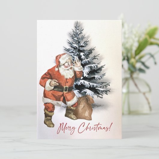 Rustieke Waterverf Santa met tas aangepaste kerst Feestdagenkaart (Staand voorkant)